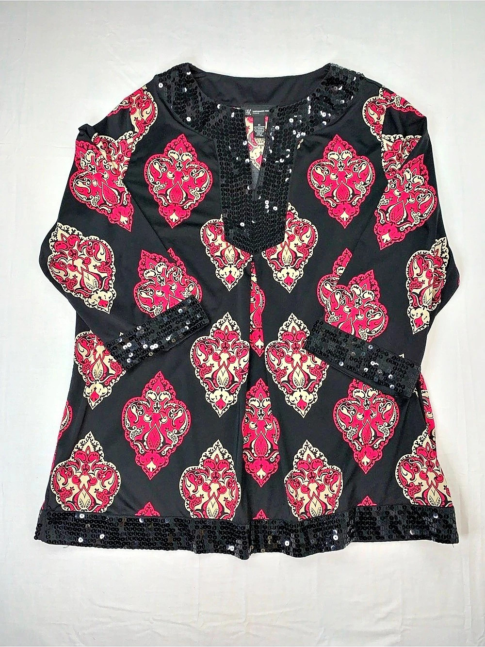 INC International Concepts Paisley Sequin Blouse in Black & Pink Size 1X